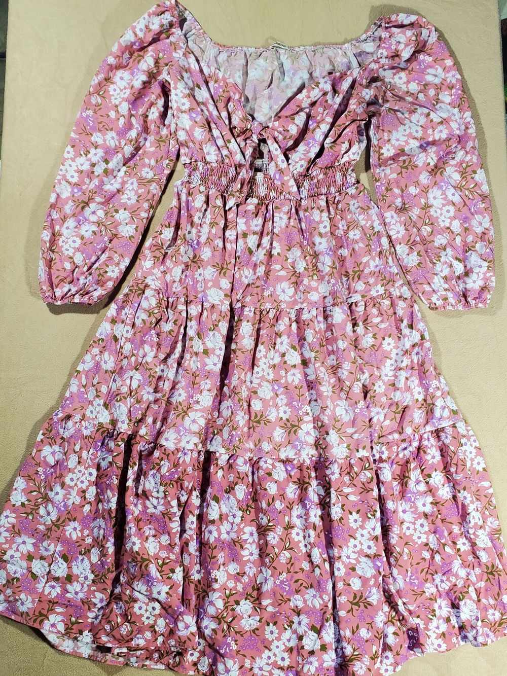 Pink Floral Womens' Tiered Dress with Puff Sleeves